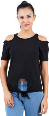 HOTFITS Casual Cold Shoulder Solid Women Black Top