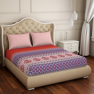 SPACES 210 TC Cotton Queen Abstract Flat Bedsheet(Pack of 1, Red)