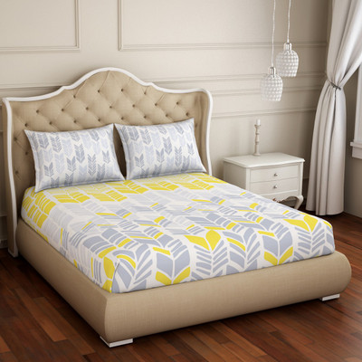 SPACES 210 TC Cotton Queen Abstract Flat Bedsheet(Pack of 1, Yellow)