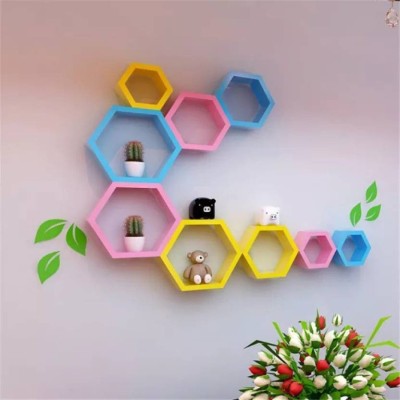 ONLINECRAFTS wooden wall shelf Wooden Wall Shelf(Number of Shelves - 9, Blue, Yellow, Pink)