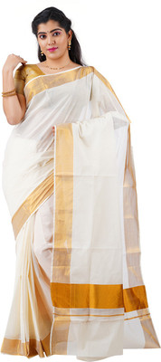 RSV FABRICS Solid/Plain Kasavu Pure Cotton Saree(White)