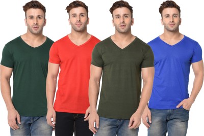 Jangoboy Self Design, Solid Men V Neck Dark Green, Red, Black T-Shirt