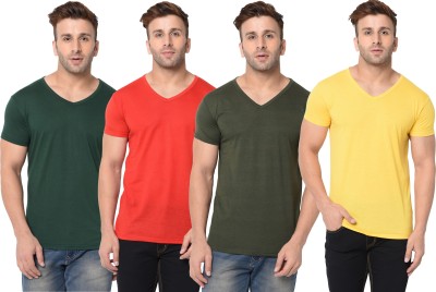 Jangoboy Solid Men V Neck Dark Green, Red, Yellow T-Shirt