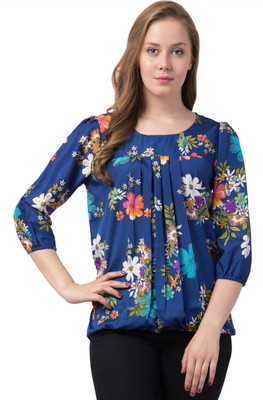 Siphon Casual 3/4 Sleeve Floral Print Women Blue Top