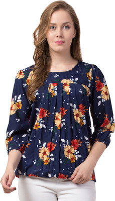 Siphon Casual 3/4 Sleeve Floral Print Women Dark Blue Top