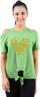 Southcity Casual Half Sleeve Printed Women Green Top