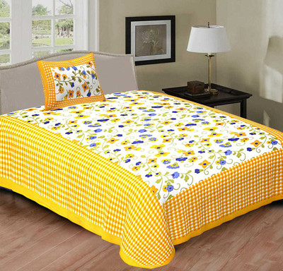 Raj Devi Jaipur 151 TC Cotton Single Printed Flat Bedsheet(Pack of 1, Yellow)