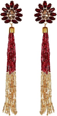 CRUNCHY FASHION Stylish Party WearRed Crystal Golden-Red Beaded Tassel Earrings For Women Metal Drops & Danglers