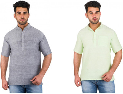 DESHBANDHU KHADI Men Solid Straight Kurta(Grey, Light Green)