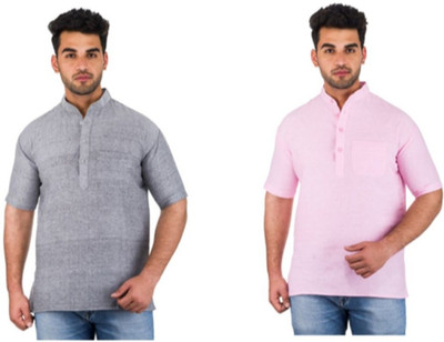 DESHBANDHU KHADI Men Solid Straight Kurta(Pink, Grey)