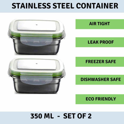 Femora High Steel Rectangle Container with Lock Lid for Storage 350 ml, Pack of 2 Containers Lunch Box(350 ml, Thermoware)