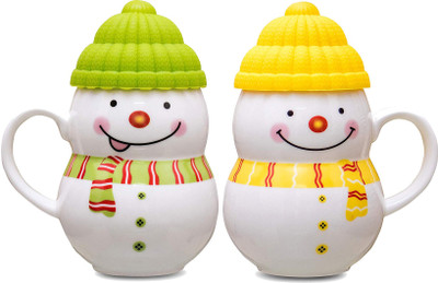 baluda Ceramic Snowman Cup/Mug with Silicon Lid Set of 2 - Gift for Kids-Babies-Children-Girls Ceramic Coffee Mug(330 ml, Pack of 2) Flipkart