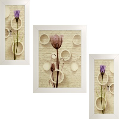 Indianara Set of 3 Flowers & Circles in White Frames Paintings (2113) Without Glass 6 X 13, 10.2 X 13, 6 X 13 INCH Digital Reprint 13 inch x 10.2 inch Painting(With Frame, Pack of 3)