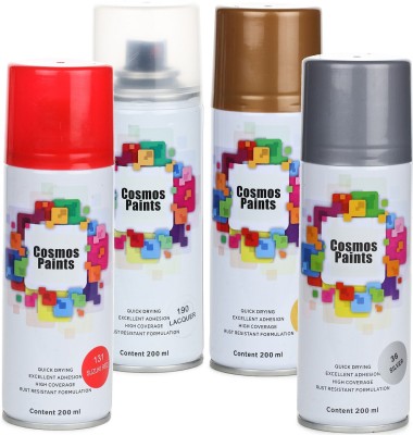 Cosmos Paints Clear Lacquer, Medium Yellow, Silver Grey & Suzuki Red Spray Paint 200 ml(Pack of 4)