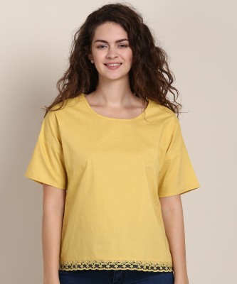 PROVOGUE Casual Half Sleeve Solid Women Yellow Top