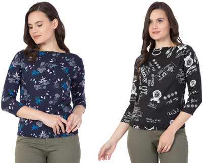 VAHSON Casual 3/4 Sleeve Printed Women Blue, Black Top