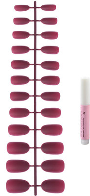 Charmy Red Matte False Finger Nails with Glue Berry Red(Pack of 24)