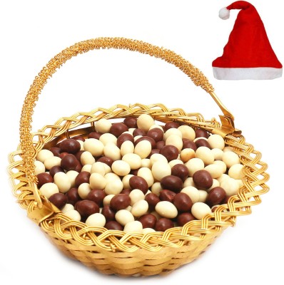 Ghasitaram Gifts Christmas-Golden Small Metal Basket filled with Nutties Combo(200g)