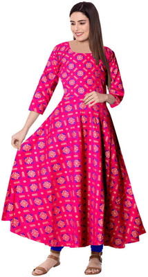 SILVER ORGANISATION Women Printed Gown Kurta(Pink)