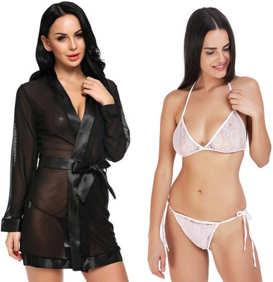 Lovie's Accessories Women Robe and Lingerie Set(Black, White)