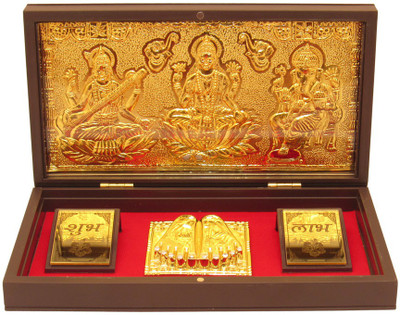 GoldGiftIdeas Gold Plated Laxmi Ganesha Sawaswati Photo Frame with Charan Paduka Religious Frame