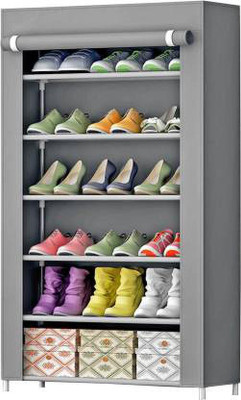 Gymfy Plastic, Metal Collapsible Shoe Stand(Grey, 6 Shelves)