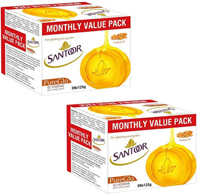 Santoor Pureglo Glycerine Bathing Bar ( 2 Set of 3 Soap of 125 gm each Soap )(6 x 125 g)