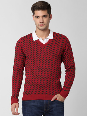PETER ENGLAND Self Design V Neck Casual Men Red Sweater