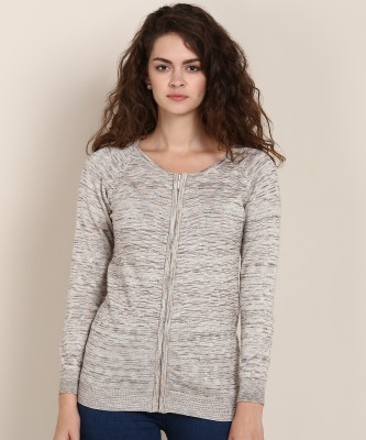 Numero Uno Self Design Round Neck Casual Women Beige Grey Sweater