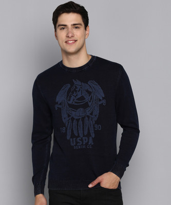 U.S. POLO ASSN. Graphic Print Round Neck Casual Men Black Sweater