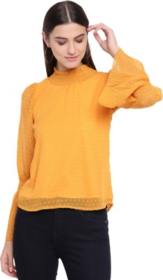 AKIMIA Casual Bell Sleeve Self Design Women Yellow Top