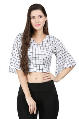 KARTX Casual 3/4 Sleeve Checkered Women White Top