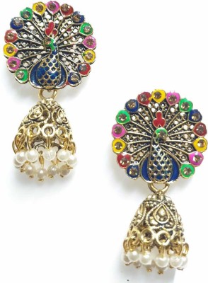 Aadiyatri Peacock Inspired Gold Plated meenakari enamelled handpainted Jhumki Jhumka Earrings Beads Brass Jhumki Earring