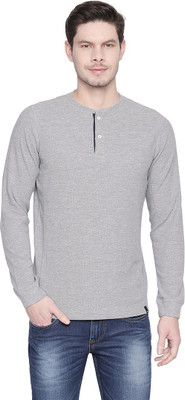 BASICS Solid Men Henley Neck Grey T-Shirt