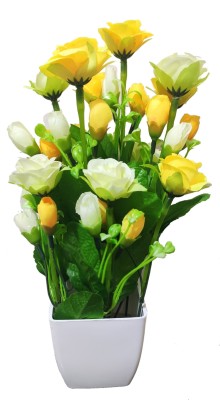 BK Mart Imported White and Yellow Rose Flower bunch For home Decor Office Decor - 12 Flower Sticks Yellow, White Rose Artificial Flower  with Pot(12 inch, Pack of 1, Flower with Basket)