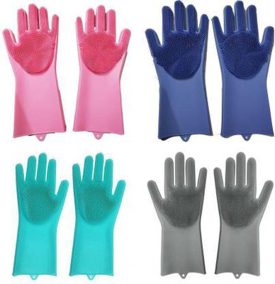 BenthoS Silicon Non-Slip Scrubbing Gloves for Dishwashing for Kitchen/Scrubbing Gloves for Pet Grooming/Household Cleaning/Multipurpose Use Silicone Glove Wet and Dry Glove Set(Free Size Pack of 4)