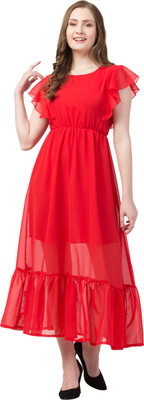 Muskan Enterprises Women Fit and Flare Red Maxi/Full Length Dress