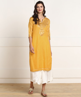 Biba Women Embroidered Straight KurtaYellow