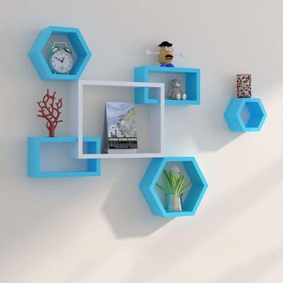 Artesia Wall Mount Intersecting Hexagon Wall Shelves MDF (Medium Density Fiber) Wall Shelf(Number of Shelves - 6, Blue, White)