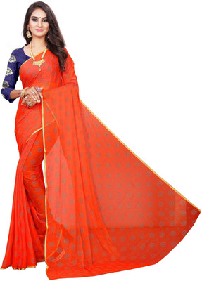 V And V Shop Printed Bollywood Chiffon Saree(Orange)