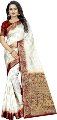 PICKWELL Woven Banarasi Cotton Silk Saree(White)