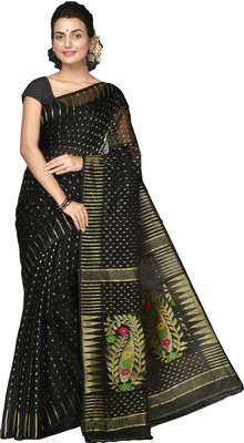 crochetin Printed Jamdani Cotton Silk Saree(Gold, Black)