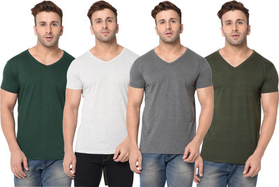 Jangoboy Self Design, Solid Men V Neck Dark Green, Grey T-Shirt
