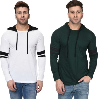 Adorbs Solid Men Hooded Neck Dark Green, White T-Shirt