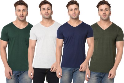 Unite Wear Self Design, Solid Men V Neck Dark Blue, Dark Green, Grey T-Shirt