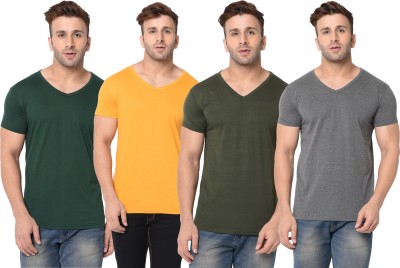 Jangoboy Self Design, Solid Men V Neck Dark Green, Grey, Yellow T-Shirt