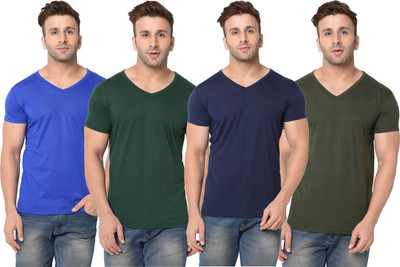 Adorbs Solid, Self Design Men V Neck Blue, Dark Blue, Dark Green T-Shirt