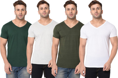 Adorbs Solid, Self Design Men V Neck Dark Green, Grey, White T-Shirt