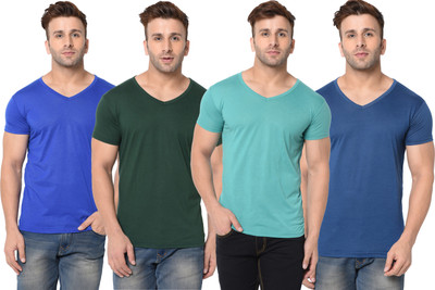 Jangoboy Solid Men V Neck Dark Green, Light Blue, Blue T-Shirt