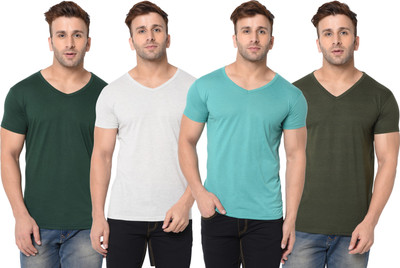 Adorbs Solid, Self Design Men V Neck Dark Green, Grey, Light Green T-Shirt